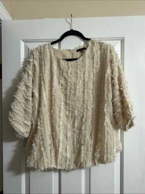 Joh Women's Cream Puff Sleeve Fringe Bubble Hem Blouse Size Medium